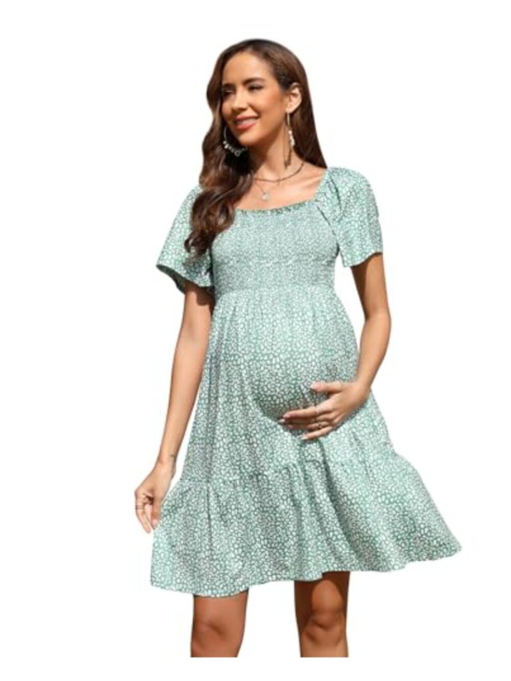 Maternity Midi Dress Short Sleeve Boho Square Neck Smocked Ruffle Flowy Babydoll